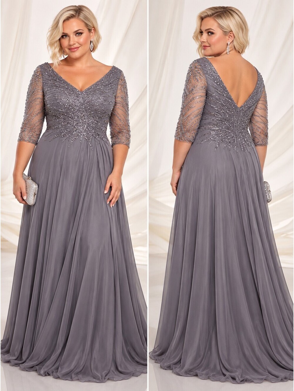 Montage Mon Cheri 116950 V-Neck Long Sleeve Gown sz 22W Gray Modest $900 MOB